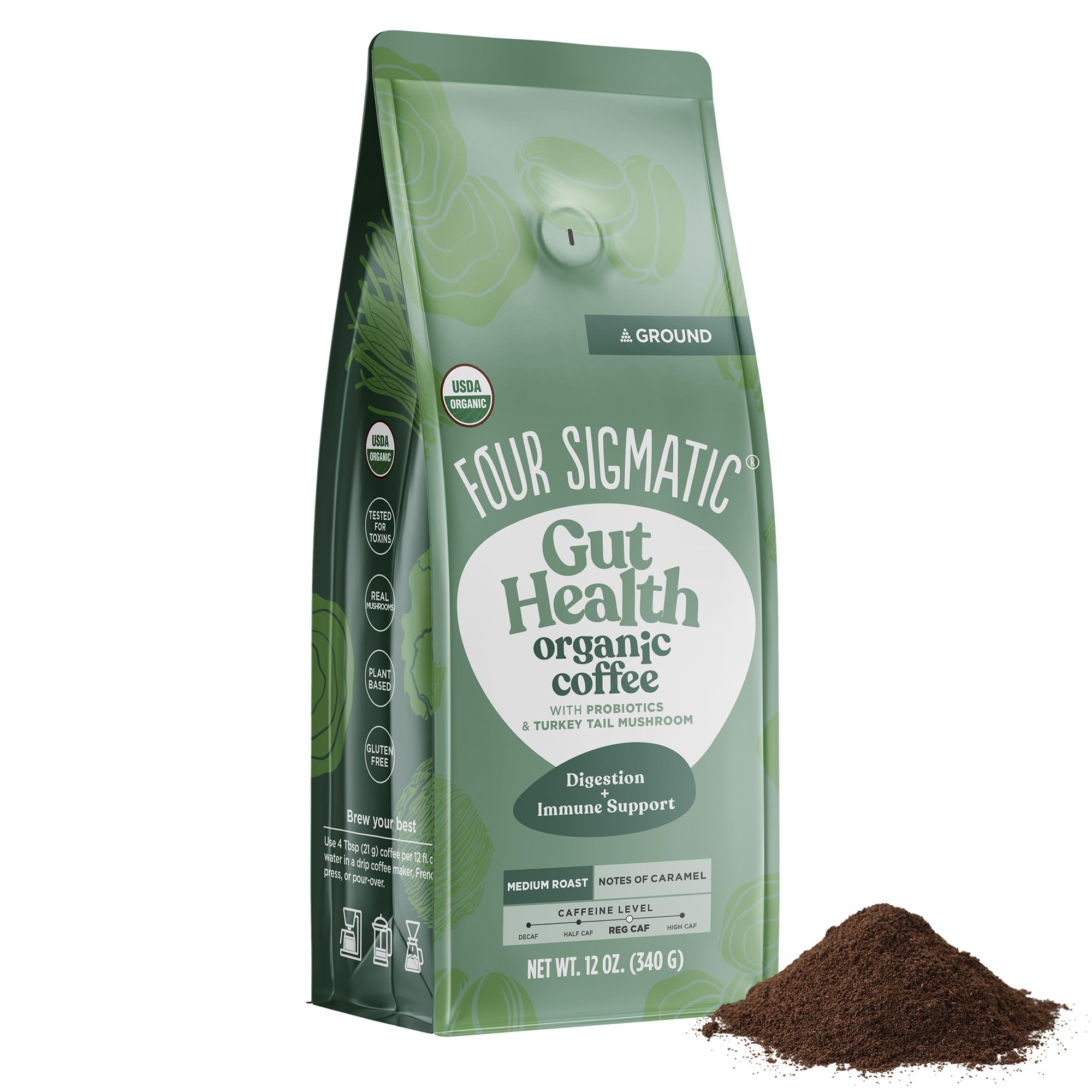 Four Sigmatic Immune Boosting Probiotic Mushroom Coffee - Medium Roast, Organic Ground Coffee for Gut Health & Immune S
