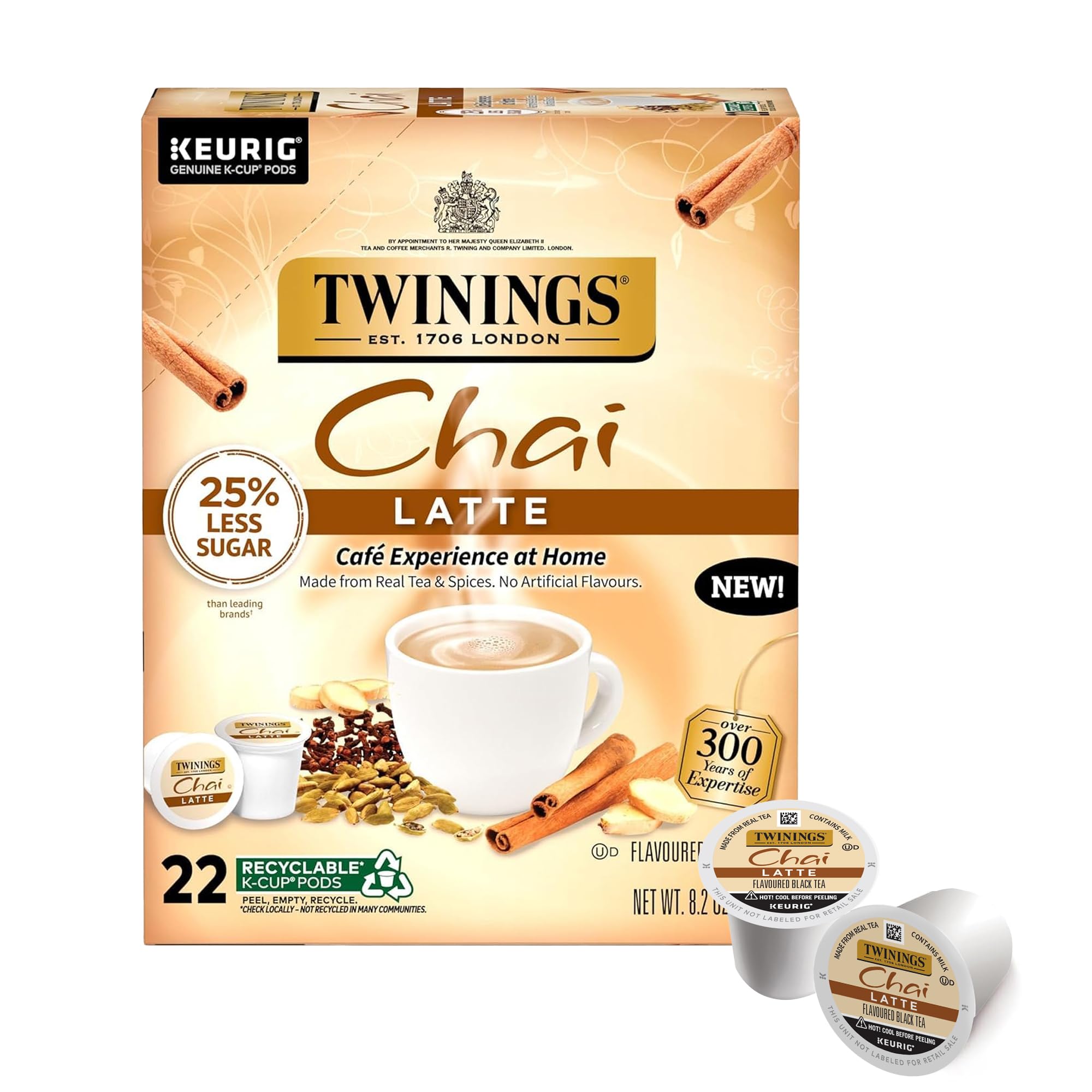 Twinings Chai Latte Black Tea K-Cup Pods, Creamy, Slightly Sweet, Less Sugar, Caffeinated, Perfect for Keurig, 22 Count