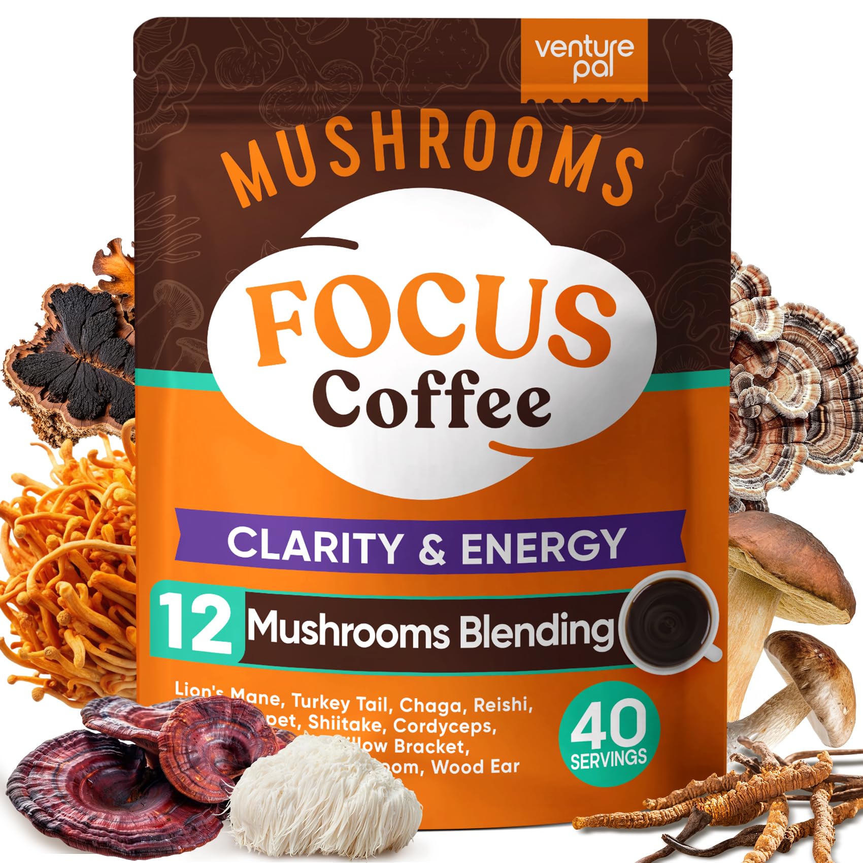 Venture Pal Adaptogenic Mushroom Coffee with Ashwagandha & Lion's Mane - Focus, Digestion & Immunity, 1200mg, 40 Serving