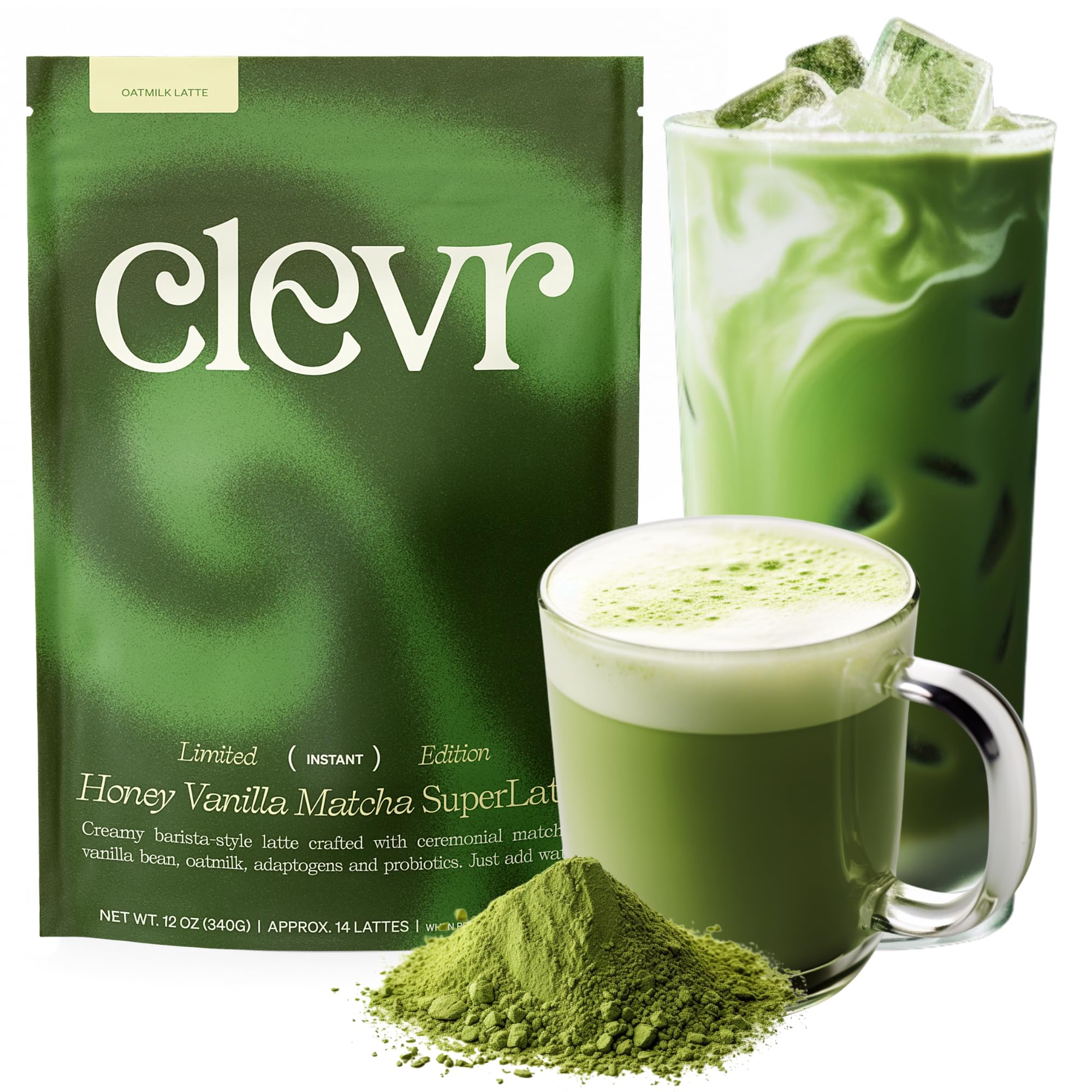 Clevr Blends Organic Honey Vanilla Matcha SuperLatte, Hot & Iced Superfood Powder Drink, Lions Mane & Reishi Mushroom 12